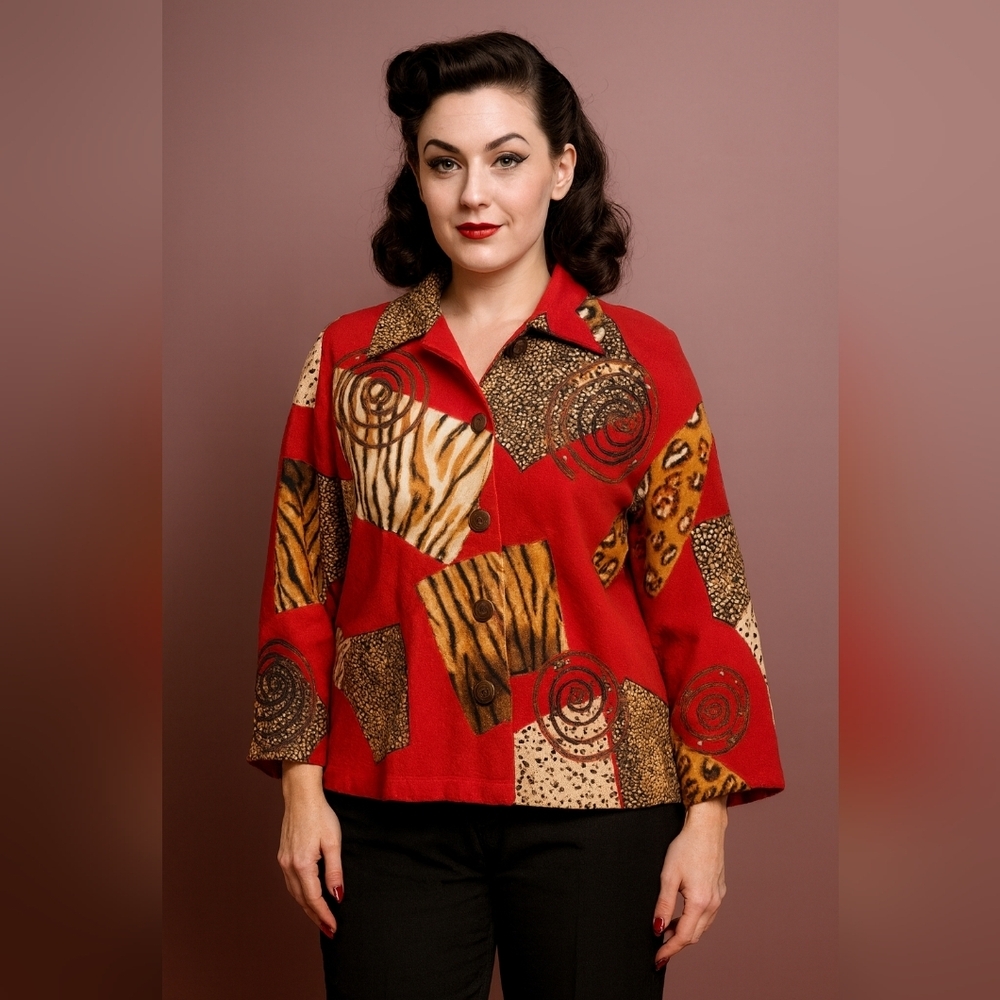 Vintage Carrie Allen Vibrant Red Animal Print Sequin Blazer Sz L Retro